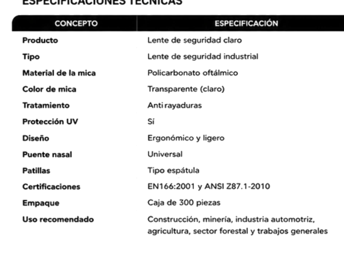 Lente de Seguridad Claro — Detalles